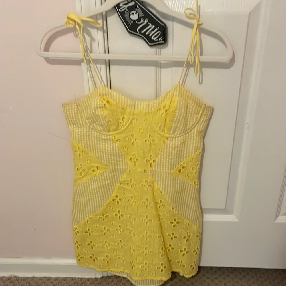 Strangers and Lovers yellow eyelet mini dress size small.
